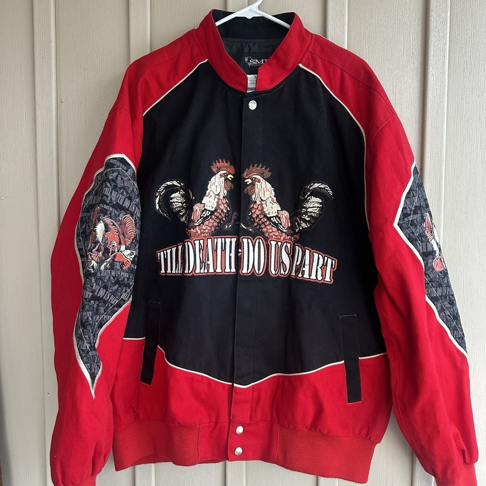 Vintage SMI Men's Till Death Rooster Red Newlyweds Groom Bride Biker Jacket XL